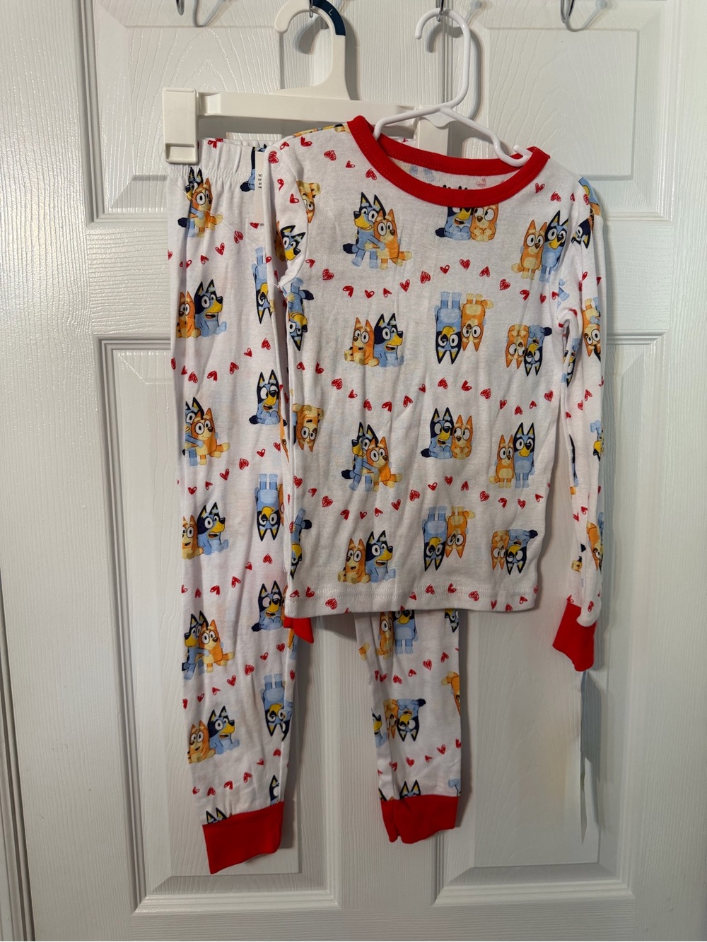 Kids White Blue & Yellow Character Heart Pajama Set - Red Trim